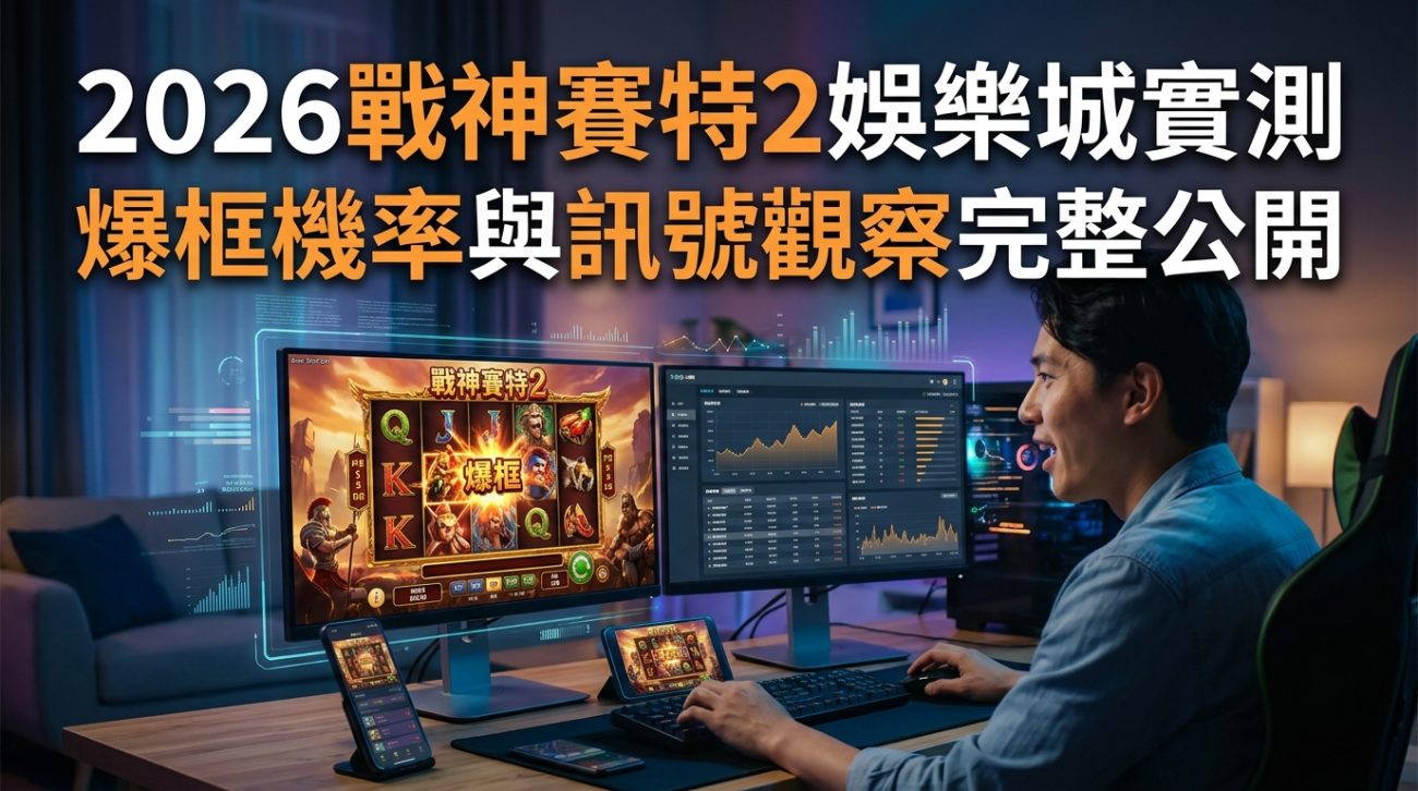 這是一張專為文章設計的 16:9 SEO 縮圖，畫面右側一位男性正專注於雙螢幕前進行線上遊戲實測與數據分析。 上方以清晰顯眼的繁體中文呈現標題「2026戰神賽特2娛樂城實測：爆框機率與訊號觀察完整公開」。
